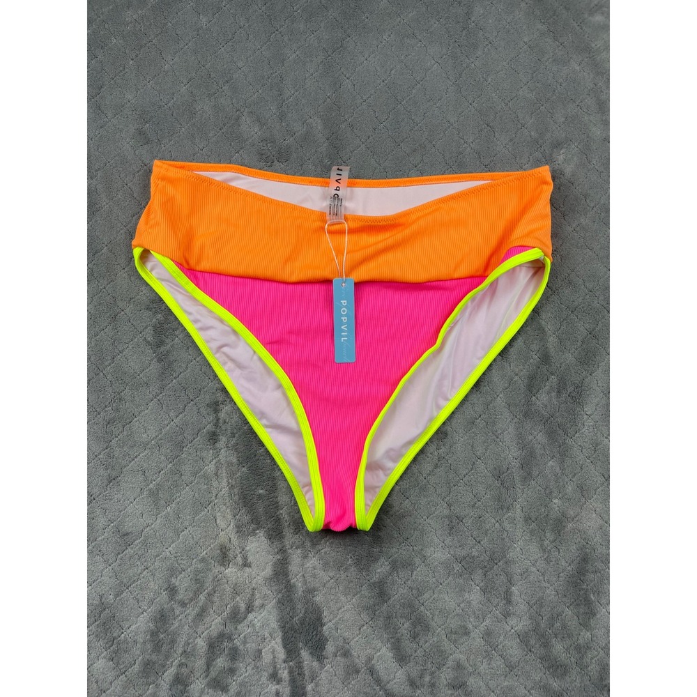 Popvil Neon Colorblock Ribbed High Waisted Bikini‎ Bottom Orange Pink XXL NEW
